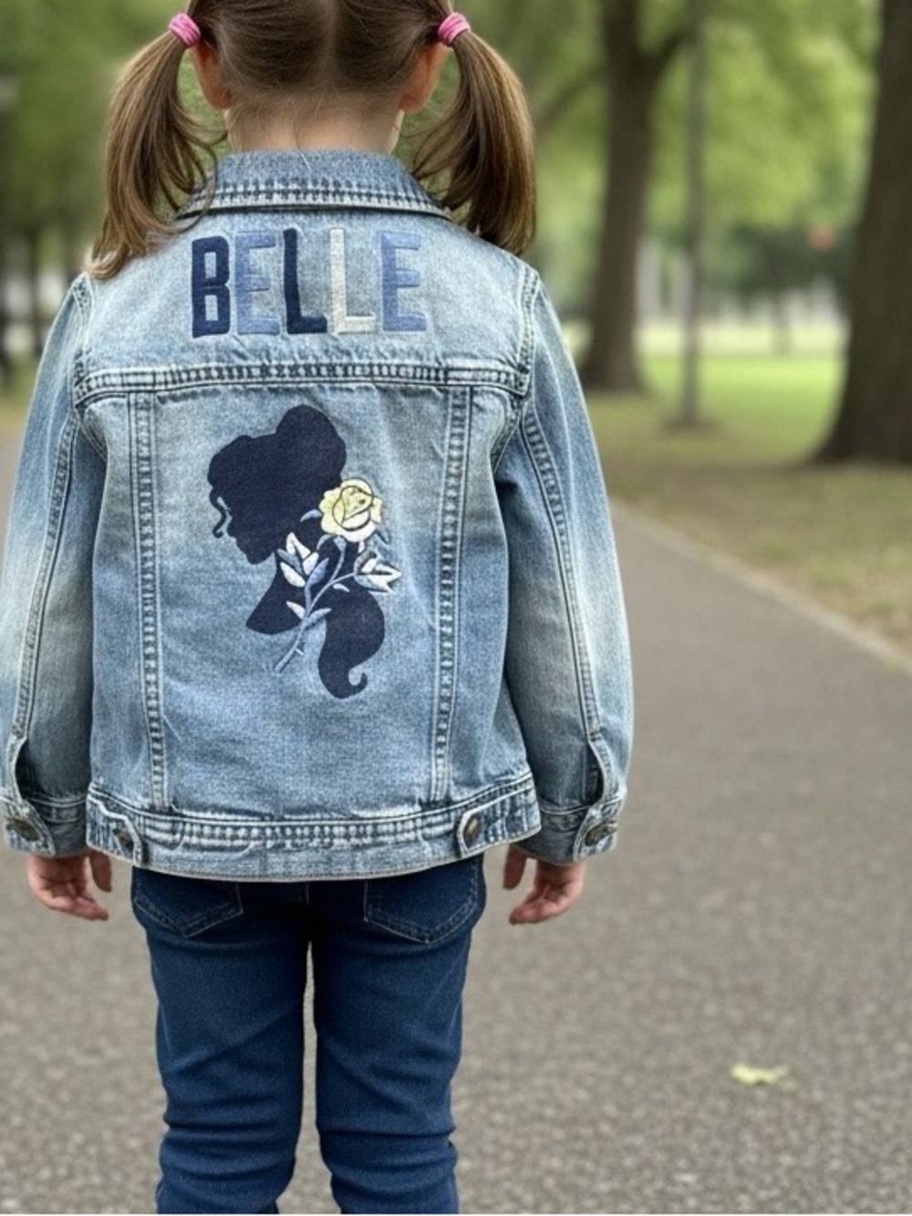 Kids small Disney jean jacket flowers front Belle on back with silhouette Beauty
